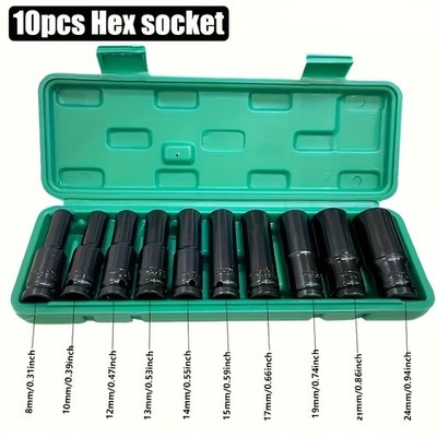 10pcs Impact Hex Socket Set - 8-24mm, for Wrenches, with Storage Case