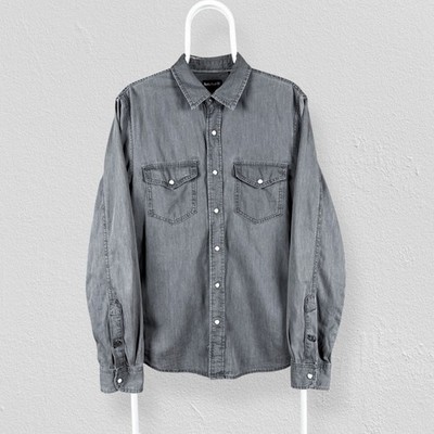 Timberland Grau Denim Western Hemd Pearl Snap Langarm Herren Medium Slim Fit
