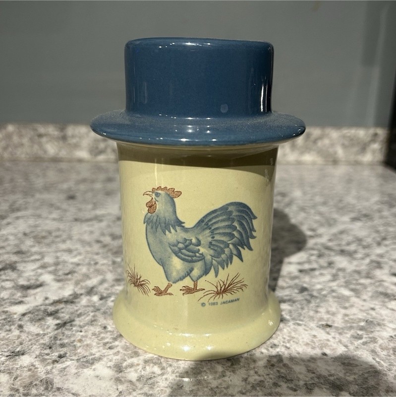 Blue and Cream Ceramic Pottery Rooster Candle Holder circa 1983 Jamaica 