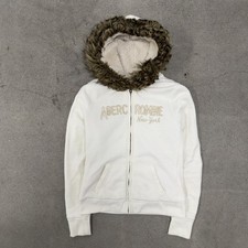 VINTAGE Abercrombie Fitch Hoodie Women Medium Fur Lined Full Zip Jacket WhiteY2K
