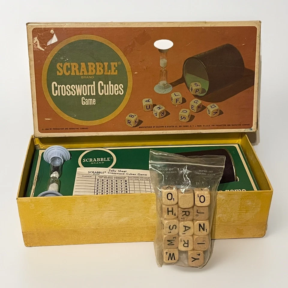 Vintage 1964 Scrabble Crossword Cubes Game Wooden Letters Cup & Timer Complete - Image 2 of 4