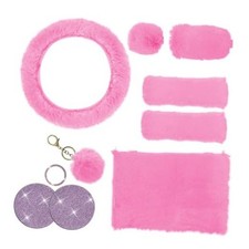 10pcs Fluffy Car Accessories Set Furry Steering Wheel Cover With Warm Pink
