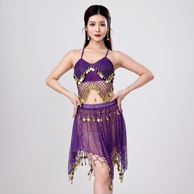 Women Purple Imported Chiffon Belly Dance Costume Indian Dance Skirt with Coins Belly Dance Costume Indian Dance Sequins Beads Coins Stage  main image 3