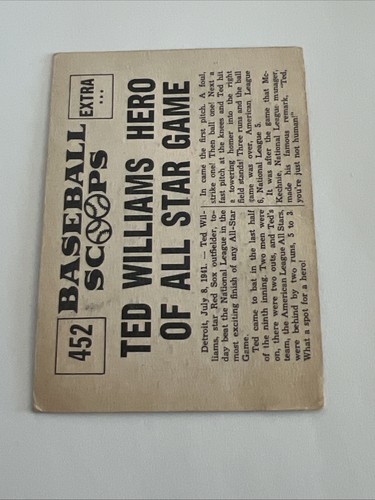 Tarjeta de béisbol 1961 Nu-Cards Scoops tarjeta TED WILLIAMS #452 héroe del juego de estrellas - Imagen 5 de 5