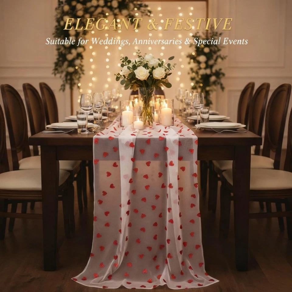 4 Pcs Pink Tulle Table Runner 31x75 Inch with Red Hearts, Sheer Lace Tableclo... - Image 4 of 4