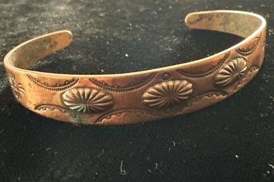 Vintage Southwestern Copper Bell Trading Post Hand Stamped Cuff Bracelet