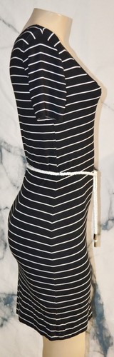 CALVIN KLEIN Black White Striped Stretch Jersey Dress 2 with Rope Belt Unlined - Picture 5 of 10