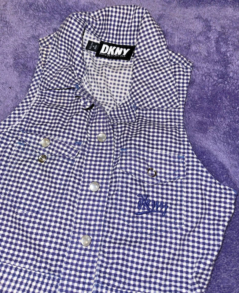 Vintage DKNY Gingham Girls Dress Navy Blue White Sleeveless EUC Girls Size 6 - Image 2 of 4
