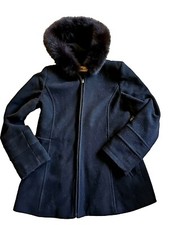 Sachi Black Wool/nylon/cashmere Coat W/fox Fur Lined Hood - Sz Medium       Oc