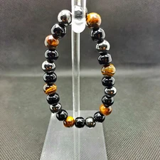 Tiger Eye Gemstone Bracelet [ 8mm] ~ with Hematite & Onyx ☆ Protection Strength Grounding ☆