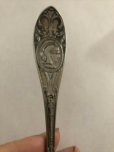 Antique Rogers Brothers White Metal Serving fork Roman Greek Roman Soldier Cameo - Picture 2 of 10