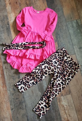 Pink Long Sleeve Top w/ Leopard Pants & Matching Headband Size 120(Fits 4/5)