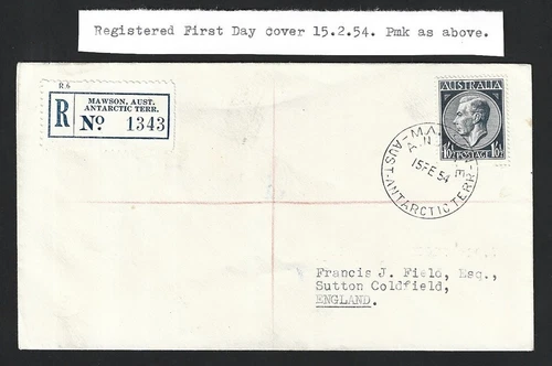 Australia 1954 1/6 on Mawson, Australian Antarctic registered FDC to England