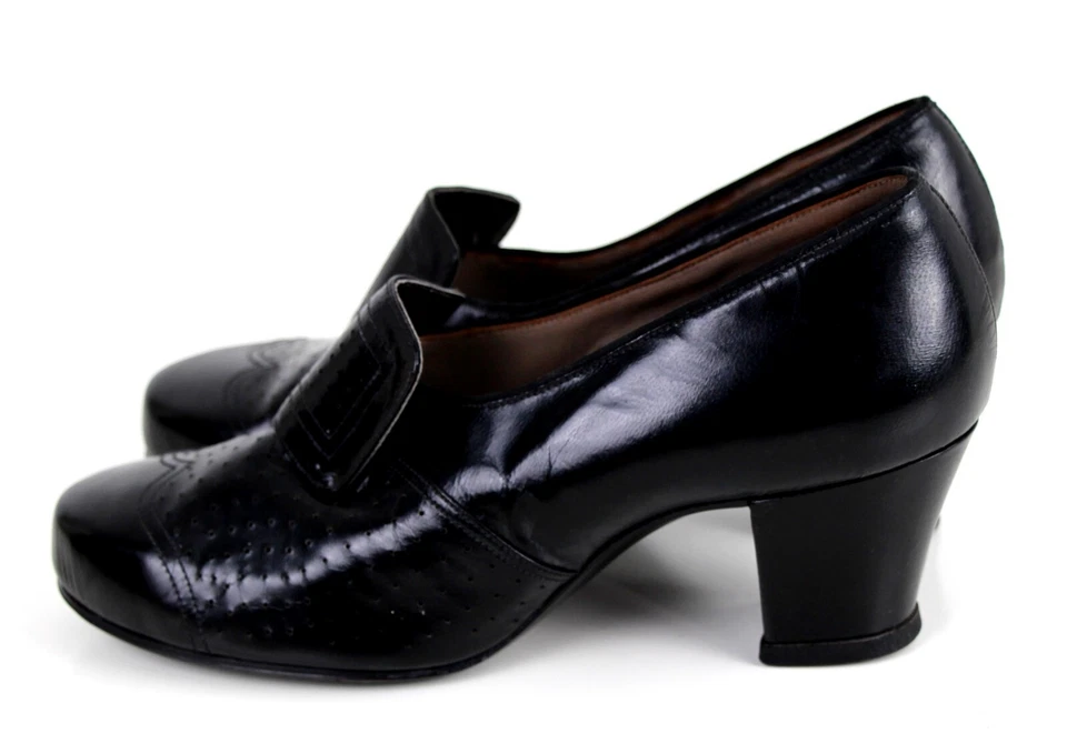 ВИНТАЖНЫЙ перфорированный черный из натуральной кожи середины каблука круглый носок тянуть на обувь Sz 4D - Изображение 4 из 4