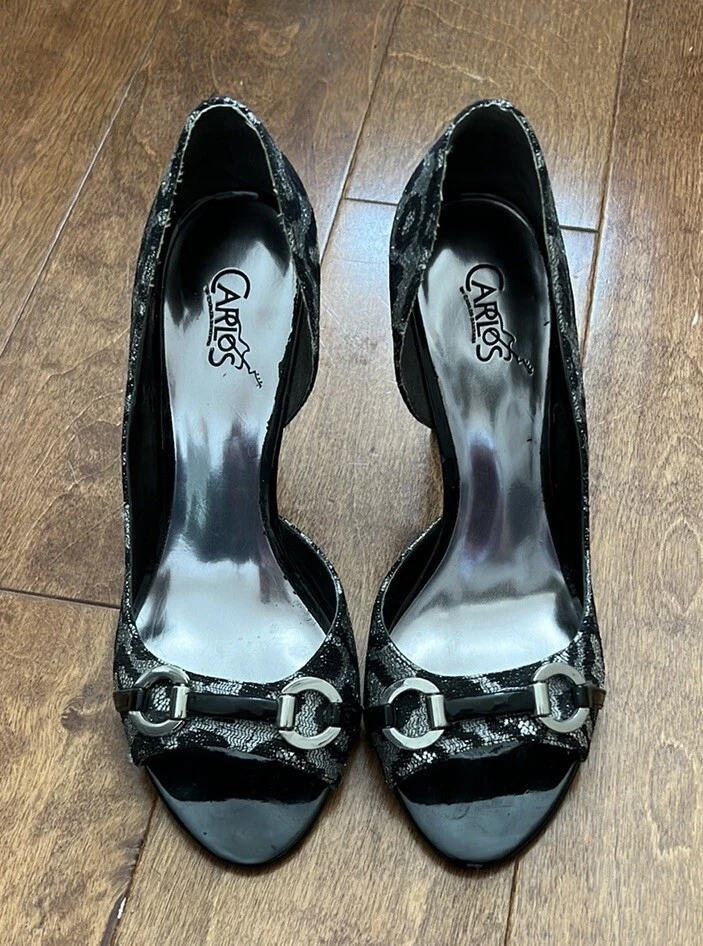 Tacones altos Carlos By Carlos Santana, leopardo negro y plateado, talla 7, ¡usados en excelente estado! Foto 2 de 4