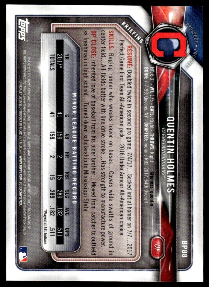 2018 Bowman Prospects GOLD /50 Quentin Holmes Cleveland Indians #BP88 R10 - Image 2 of 2