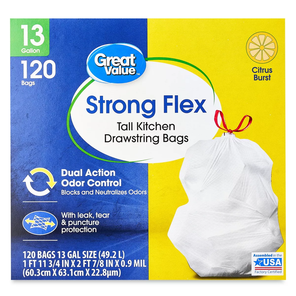 Great Value Strong Flex Tall Kitchen Drawstring Trash Bags, 13 Gallon, 120  Count