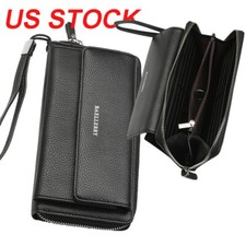 Mens Leather Zipper Long Wallet Phone Business Bag Card Checkbook Clutch Handbag