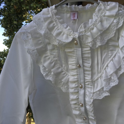 Retro Victorian Women’s White Blouse Long Sleeve with Ruffles and Lace Sz M/L - Picture 2 of 9