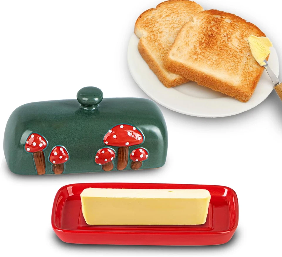 Mushroom Ceramic Butter Dish with Lid for Countertop - Red Container Tray, Large - Image 2 of 4