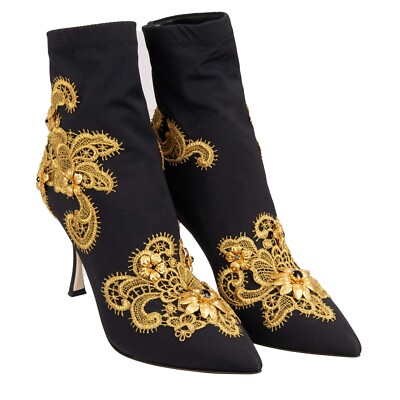 DOLCE & GABBANA Barock Spitze Kristall Blume Pumps Boots Heels LORI 37,5 13170
