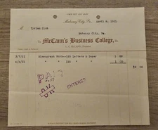 1921 McCann's Business College Billhead Receipt Mahanoy City, PA