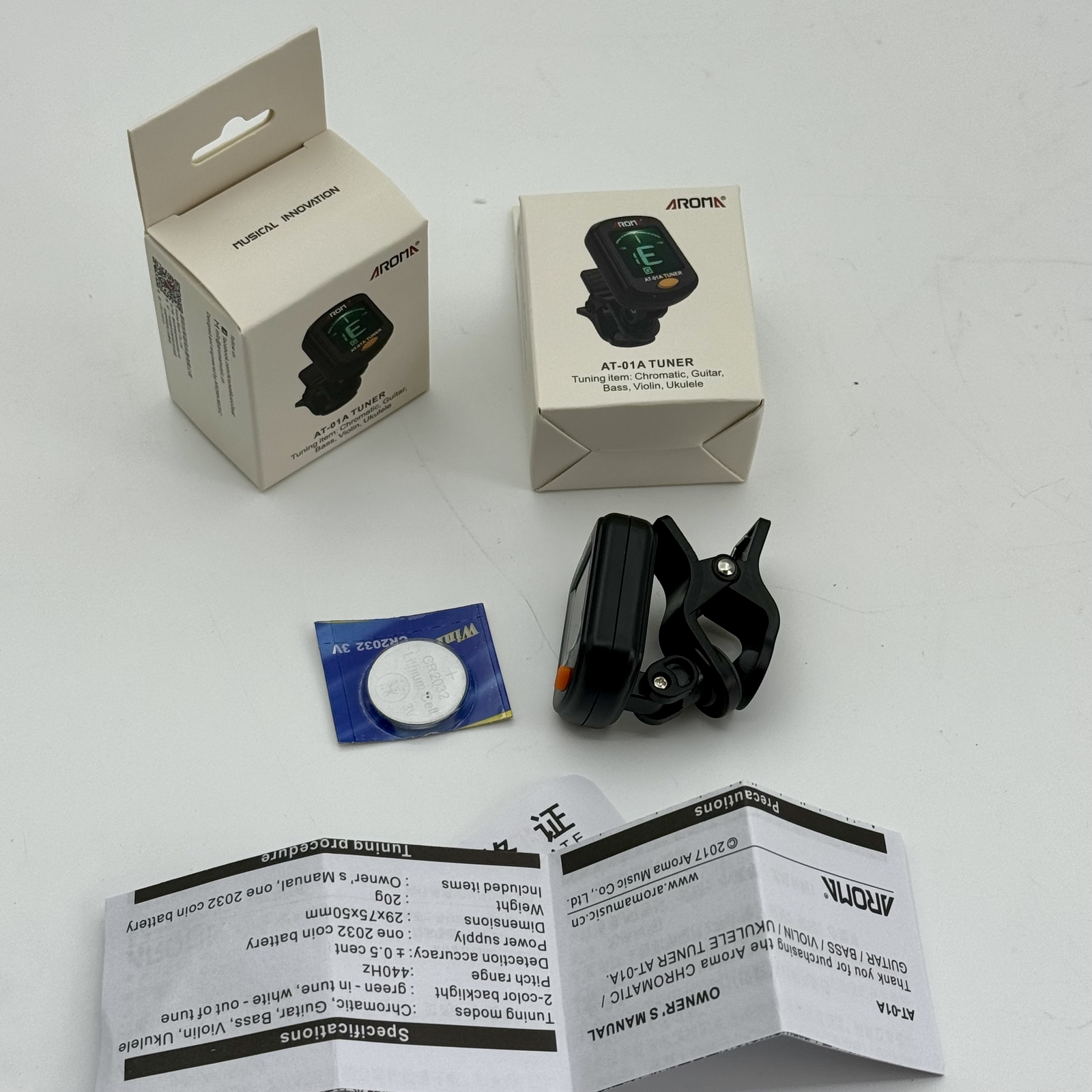 2X Clip-On LCD Digital Tuner AT-01A for Guitar, Bass, Violin, Ukulele,Chromatic