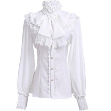 Ladies Lace Ruffle Shirt Blouse Top Victorian Steampunk Gothic Bow Slim Retro