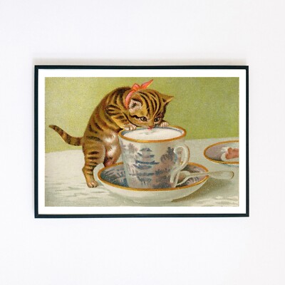 Vintage Katze Teetasse Gemälde Illustration 7x5 Retro Wanddeko Fine Art Print 