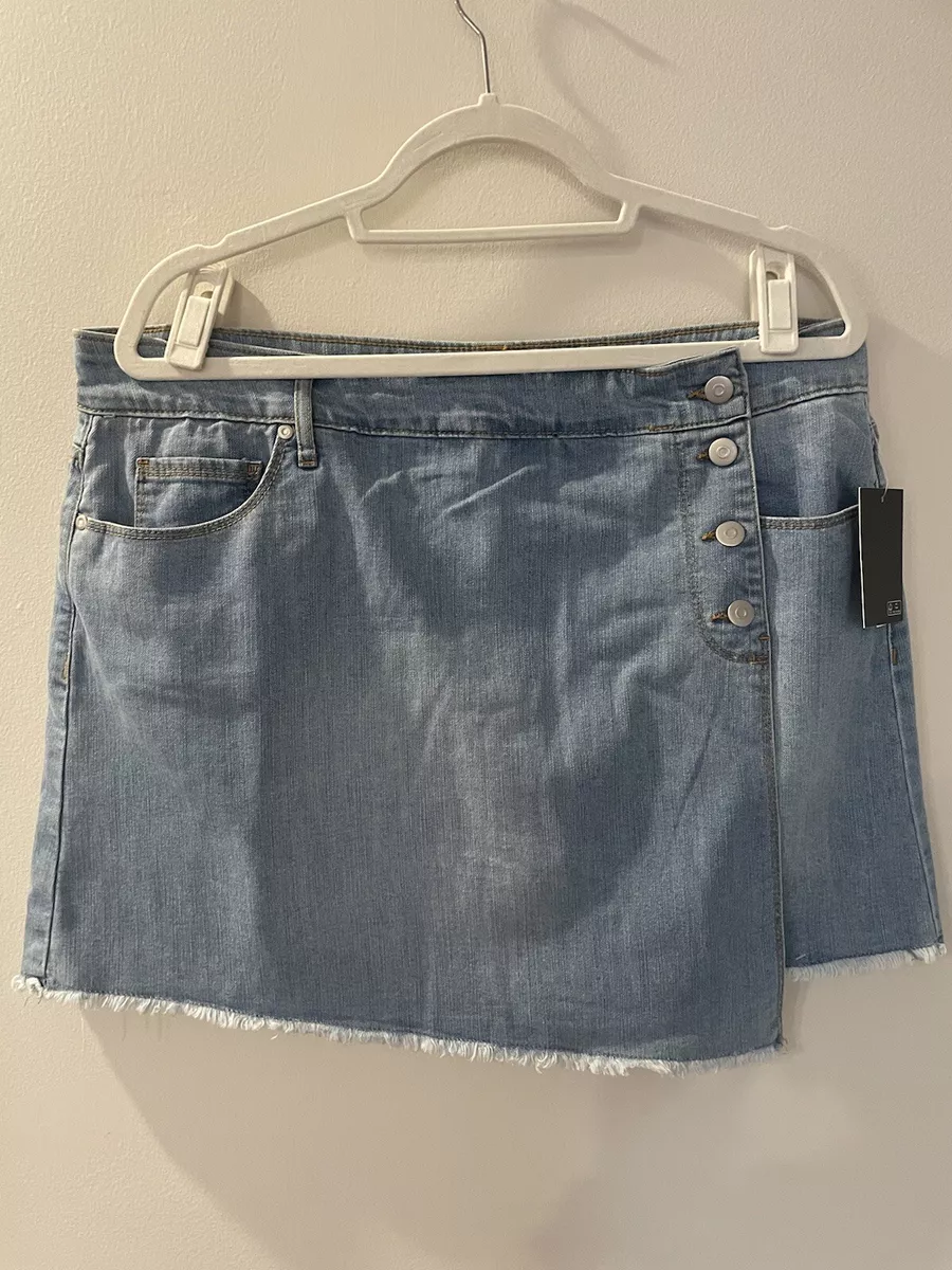 NWT Energie Juniors Jean Denim Skirt Sz 21 Light Wash Faux Wrap Raw Hem Button