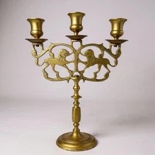 Vintage Brass Candlestick Holder Candelabra 3-Arm Lion Dog 13” Height MCM