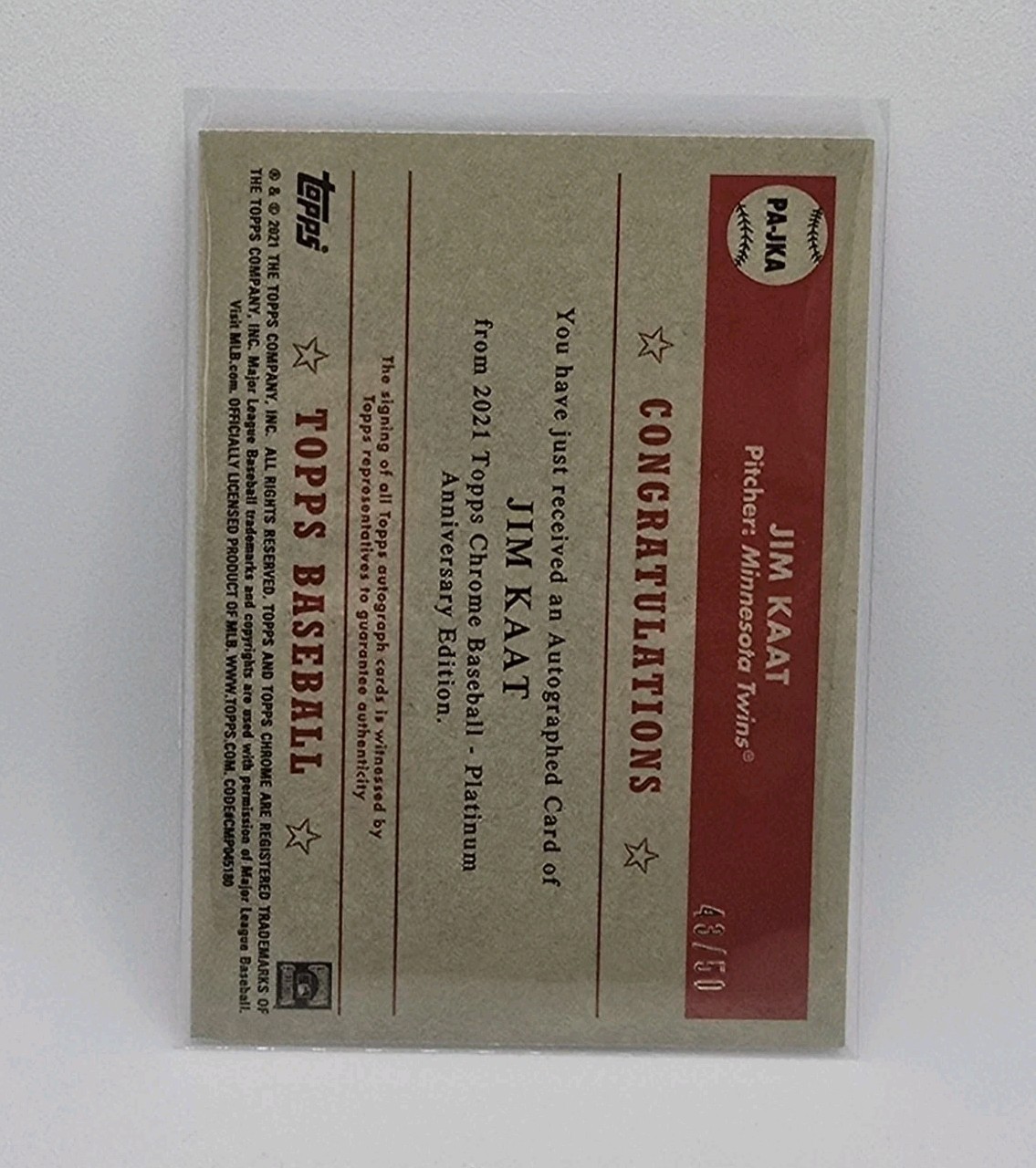 2021 Topps Chrome Platinum Anniversary Jim Kaat Gold Auto /50 Minnesota Twins view 2