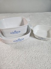 VTG MCM Blue Cornflower Corning Ware Casserole Dishes 3pc Set.