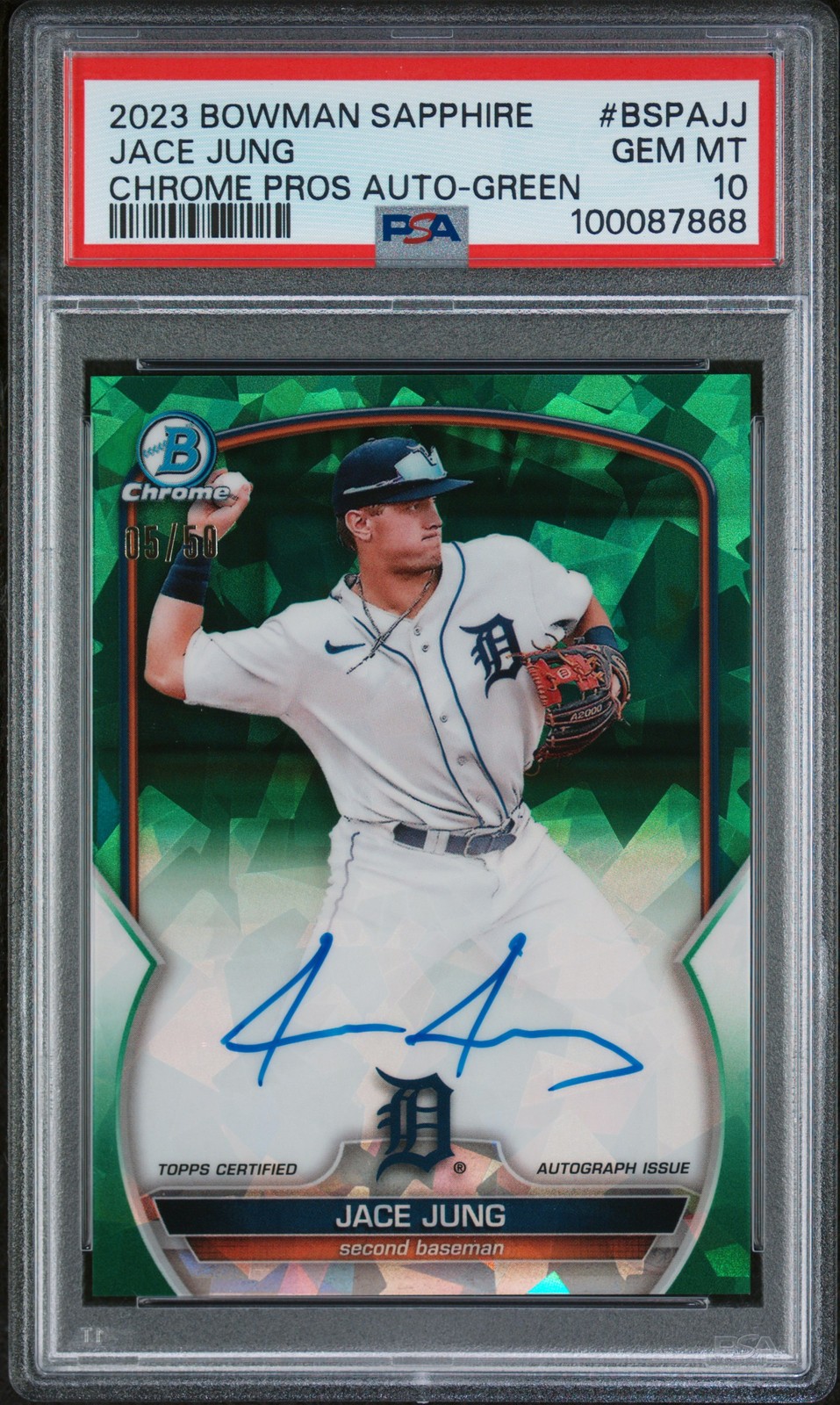 2023 Bowman Sapphire Edition Prospects Auto Jace Jung #BSPAJJ Green /50 PSA 10