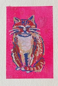 ACEO Colorful Cat Painting on Pink Background