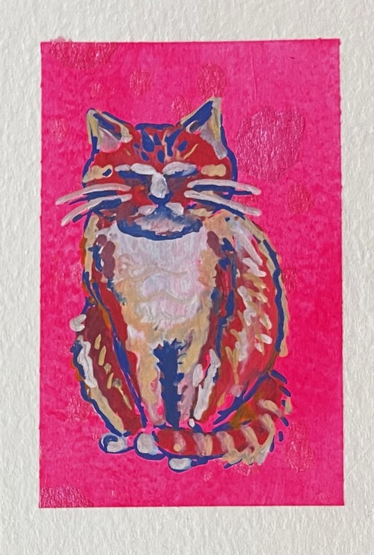 ACEO Colorful Cat Painting on Pink Background