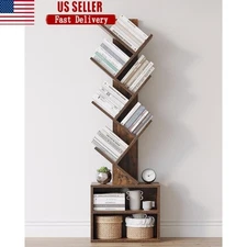 Tall Tree Bookshelf W/ 6 Tier Shelves & 2 Drawers Space Saving Organizer New