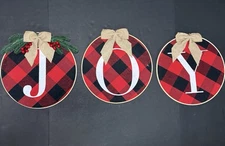 “JOY” Hoop Signs Christmas Decor Buffalo Plaid Holiday Festive Wall Hangings