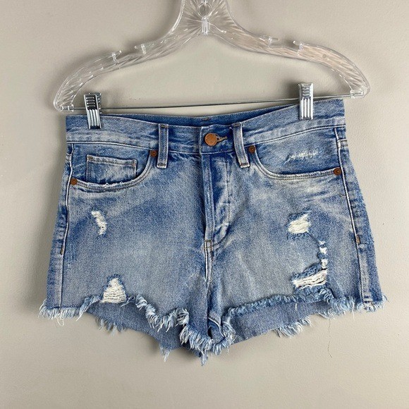 Blank NYC Womens High Rise Distressed Denim Jean Shorts Size 26 Festival Raw Hem