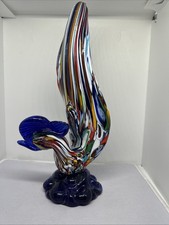 Vtg Murano Style Blown Blue Art Glass Rooster Colorful Bird 7" Figurine Nice
