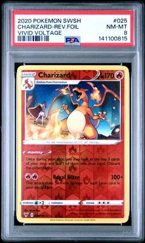 2020 POKEMON SWORD & SHIELD VIVID VOLTAGE #025 CHARIZARD-REVERSE FOIL PSA 8