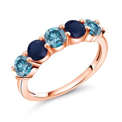 18K Rose Gold Plated Silver Blue Lab Grown Diamond and Sapphire Wedding-Bands