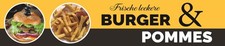 Banner 2,5 m 'Frische leckere BURGER und POMMES' XXL Werbung PVC-Plane Imbiss
