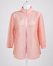 Ming Wang Eyelet Mesh Jacket Women XS Pink Cane Weave Mock Neck Lace Blazer
