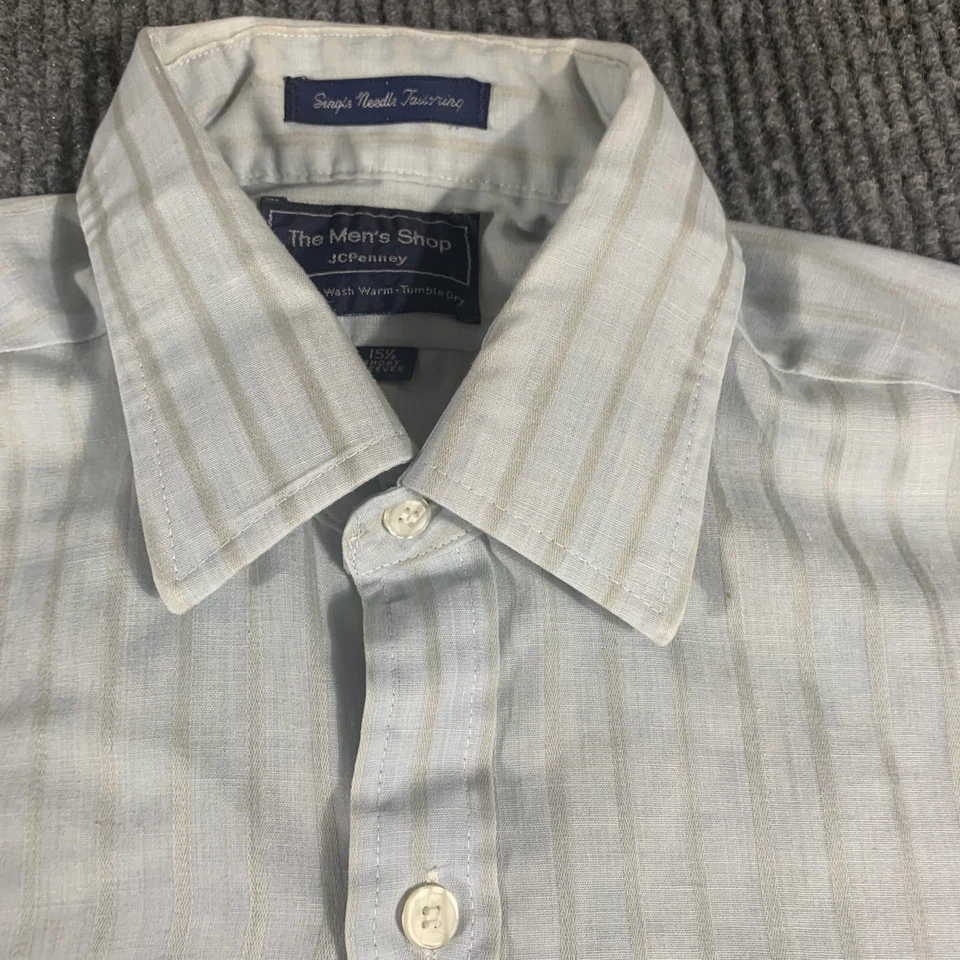 VTG JC Penney Shirt Mens 15.5 Medium Blue Striped Short Sleeve Stains Retro 70s - Image 2 of 4