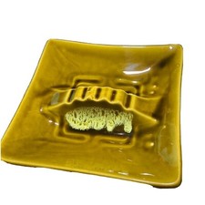 Vintage 1960s Ceramic Ashtray Olive Green Glaze 8" Cigar Cigarette Made in USA