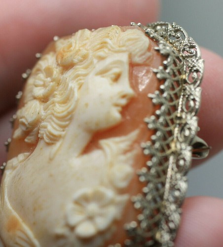 Antique Art Deco 14K white gold carved shell cameo square rectangle brooch pin - Picture 4 of 10