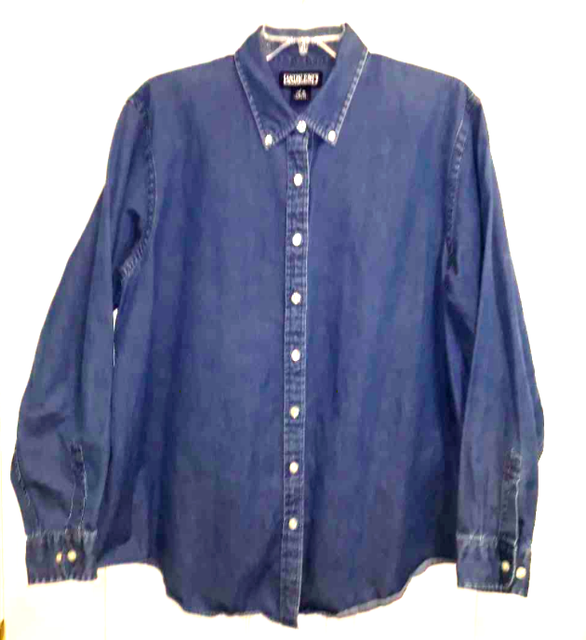 LANDS' END Women's Denim Shirt L 1416 Button Down Blue Jean Large Long