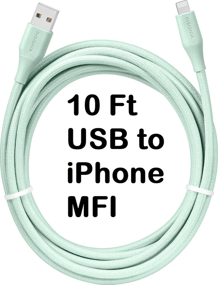 10' Ft GREEN Charge Sync Cable FOR iPhone 14 13 12 XR XS iPhones To USB MFi - Image 2 of 3