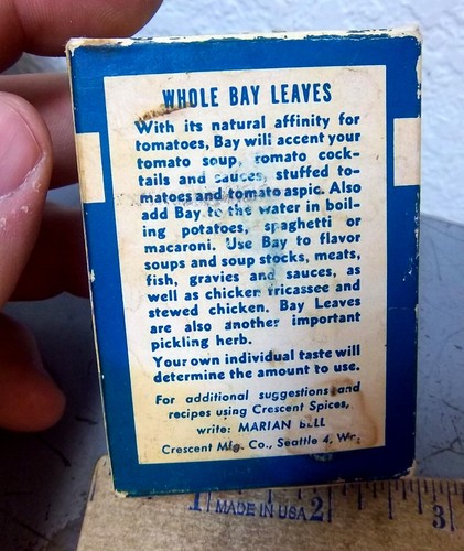 Vintage Crescent whole BAY LEAVES 3/16 oz cardboard spice box great collectible  - Picture 3 of 3